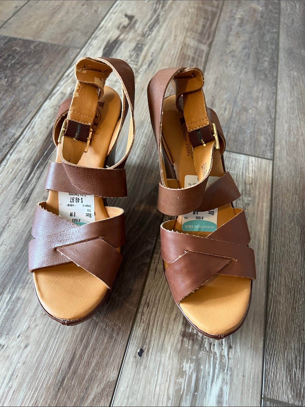 Kork-Ease Cognac Brown Crisscross Leather Wedge Sandals